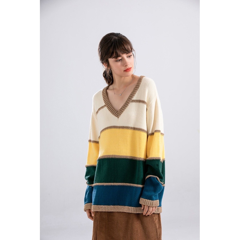 2025 Hot Sale Stripe Loose Leisure Casual V Neck Jumper Soft Sweater for Women – Yarn Dye Sweater and Pullover Sweater price