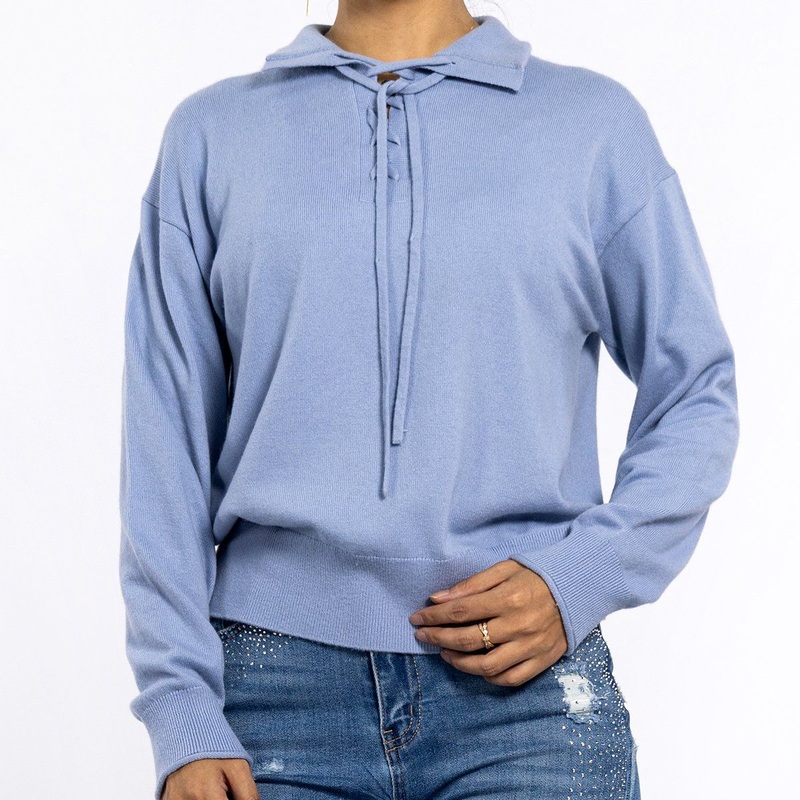 Blue High Neck Tie Autumn Knit Pullover Light Weight Sweater Womens Jumper – Women Sweater and Top for Women price