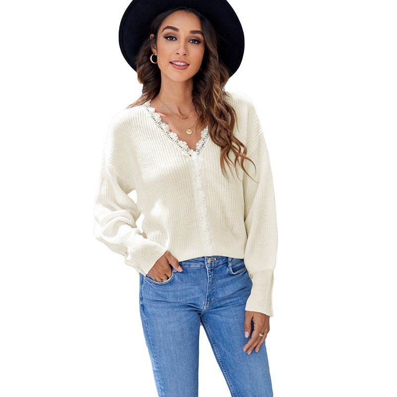 Casual Long Sleeve Loose Lace Women Pullover Knit Sweater – Womens Casual Sweaters and Plain Sweaters price