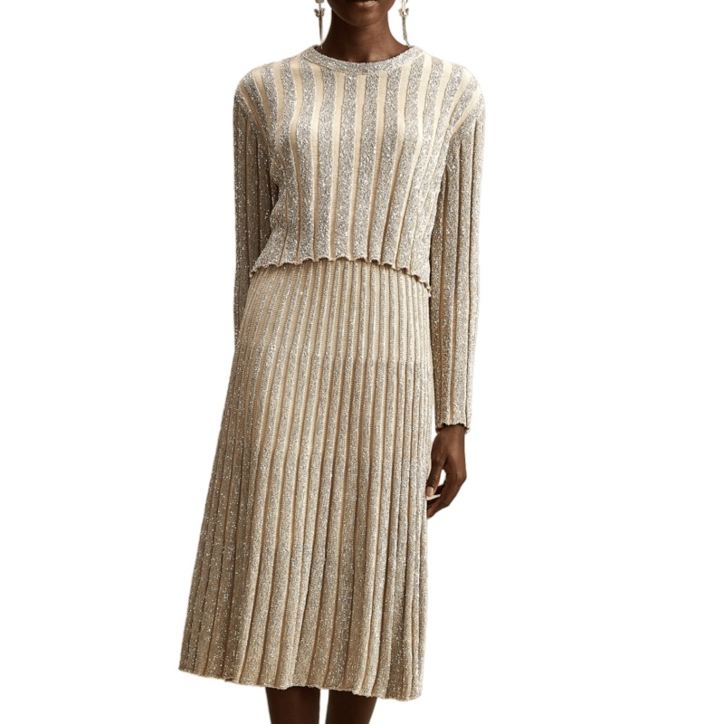 Cozy Matching Sweater and Skirt Set with Golden Stripes – Womens Knit Sweater Set and Stripe Skirt Set price