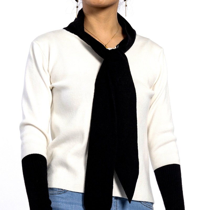 Custom Black Scarf Black and White Color Patchwork Ribbed Hem Knitted Women Fall Sweater – Women Blouses and Woman Sweater price