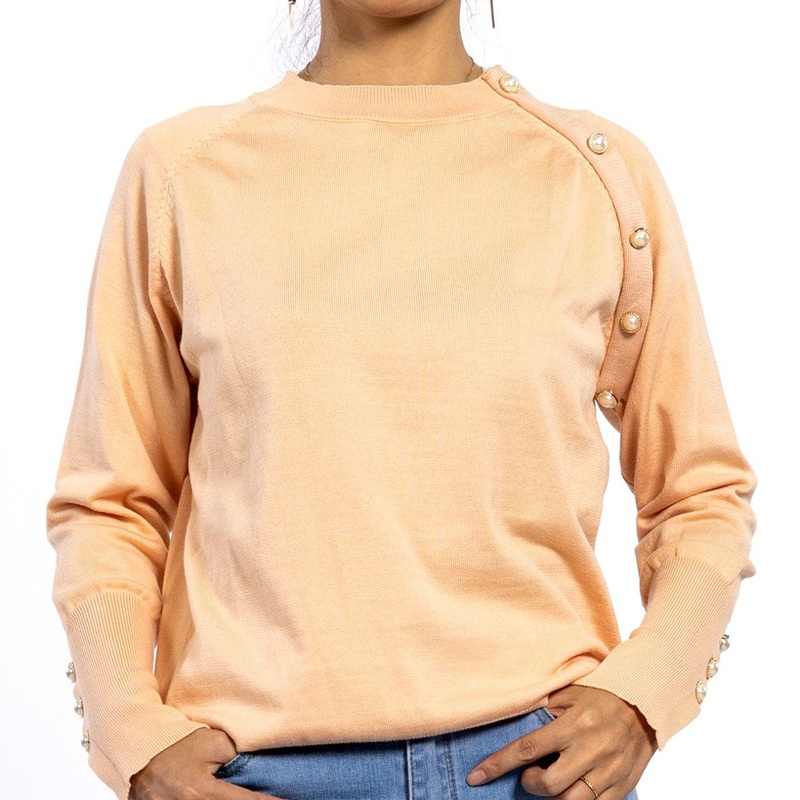 Custom Orange Color Ribbed Hem Pearl O Neck Long Sleeve Women Sweater – Fall Sweater and Women Shirts price