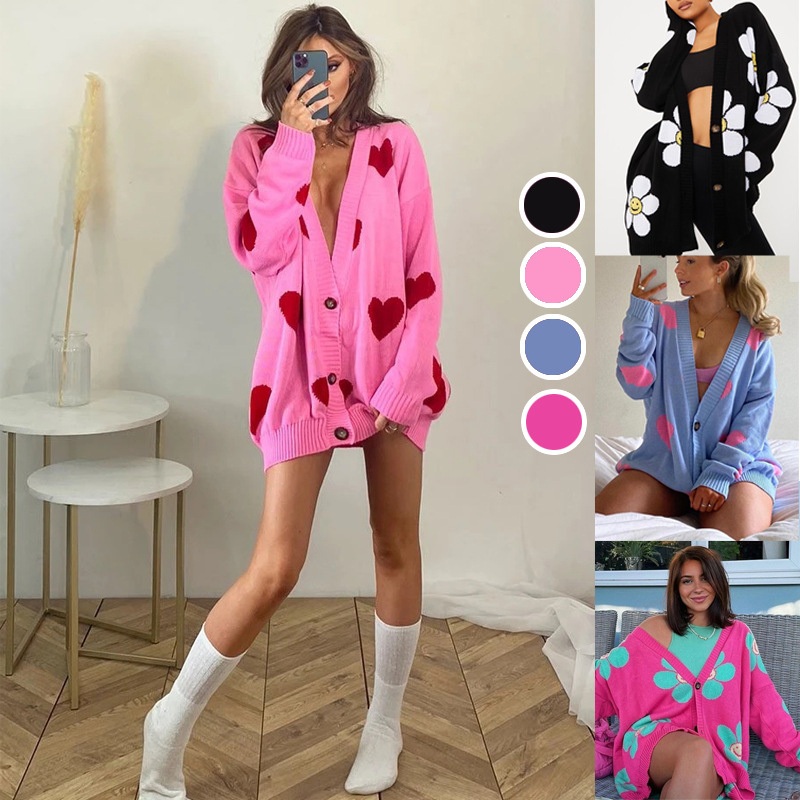 Designer Winter V-Neck Women Floral Print Knitted Sweater Cardigan Coat – Cardigan Sweater Coat and Ladies Cardigan Sweater price|<span style="color:black;"><span><span><span>Color: