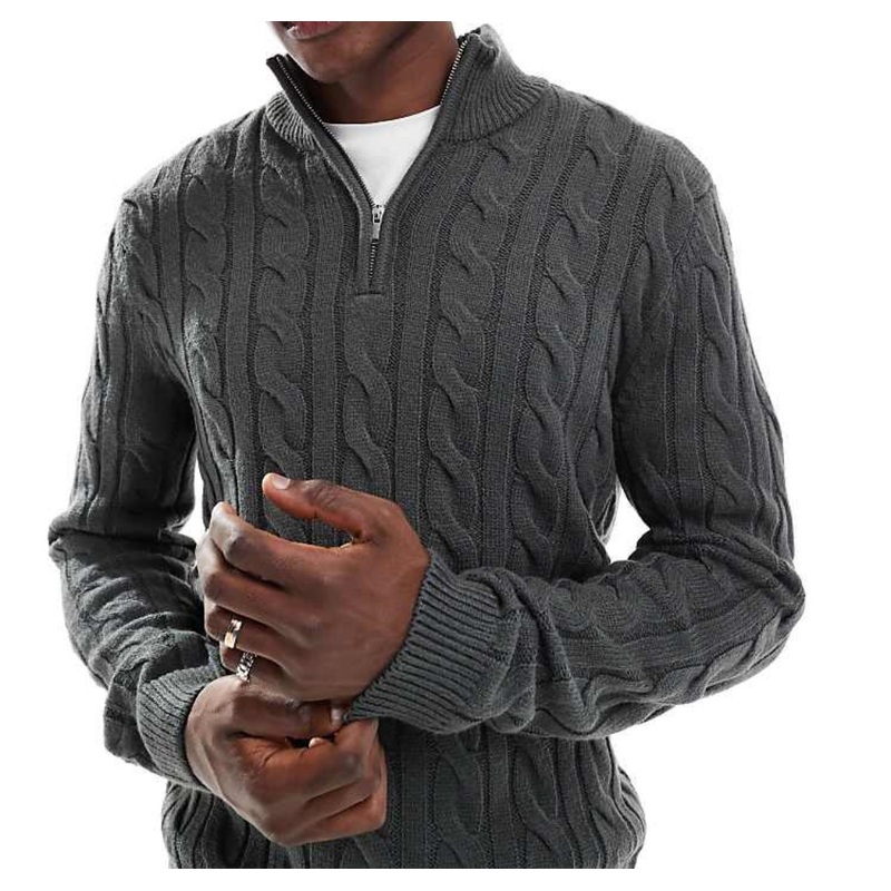 Mens Dark Grey Slim Fit 1/4 Zip Cable Sweater – Quarter Zip Men Sweater and 1/4 Zip Men Sweater price