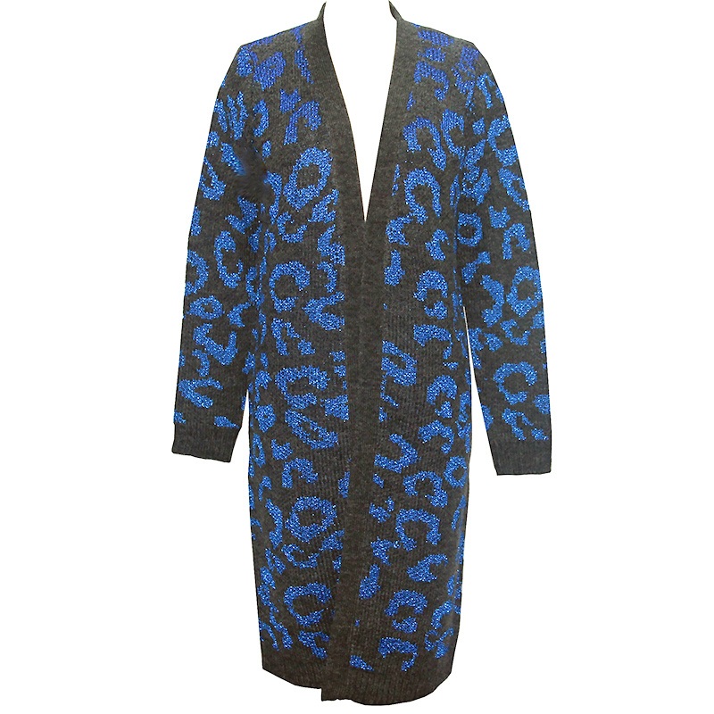 Metallic Bright Blue Leopard Jacquard Spring Ladies Knitted Long Cardigan Women Knitting Long Sleeve Sweater – Sweater and Ladies Sweater price
