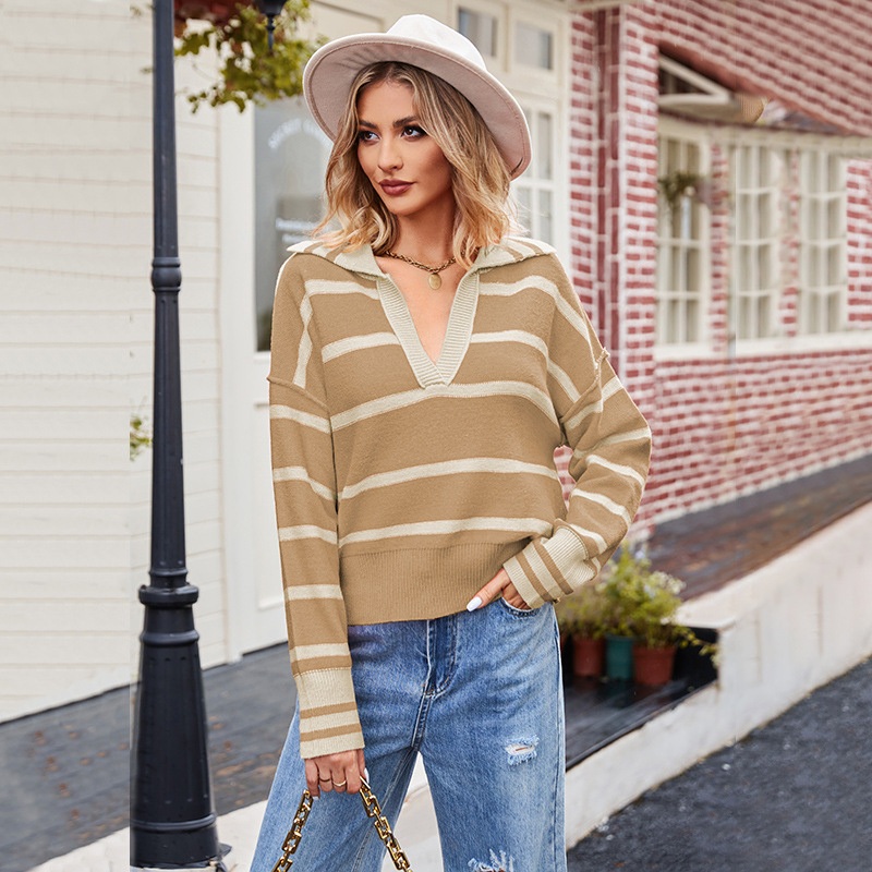 New Fashionable Patchwork Striped Lapel Loose Knitted Sweater for Women – Warn Clothes and Oversized Clothes price