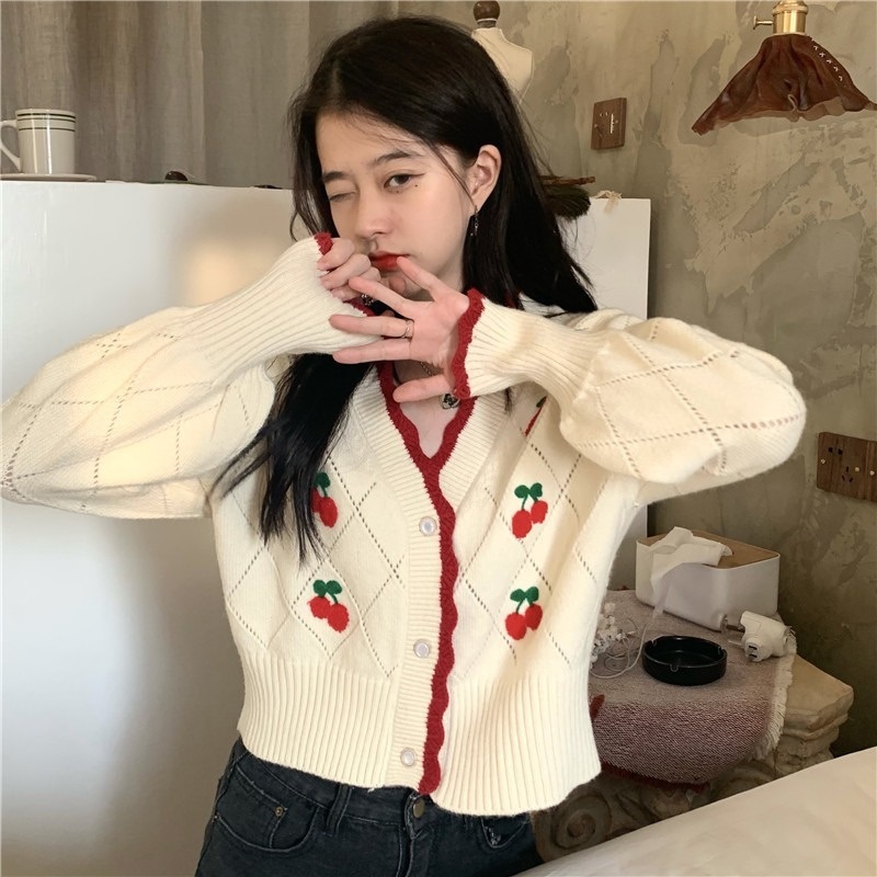 Nnr Emboridered Cherry V Neck Knit Button Sweater for Girl – Sweater and Women Sweater price