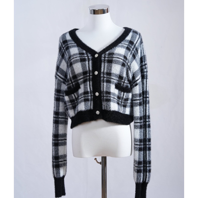 Retro Womens Fuzzy Nylon Checkered Cropped Open Front Knit Cardigan – Cardigan Sweater and Womens Sweater price