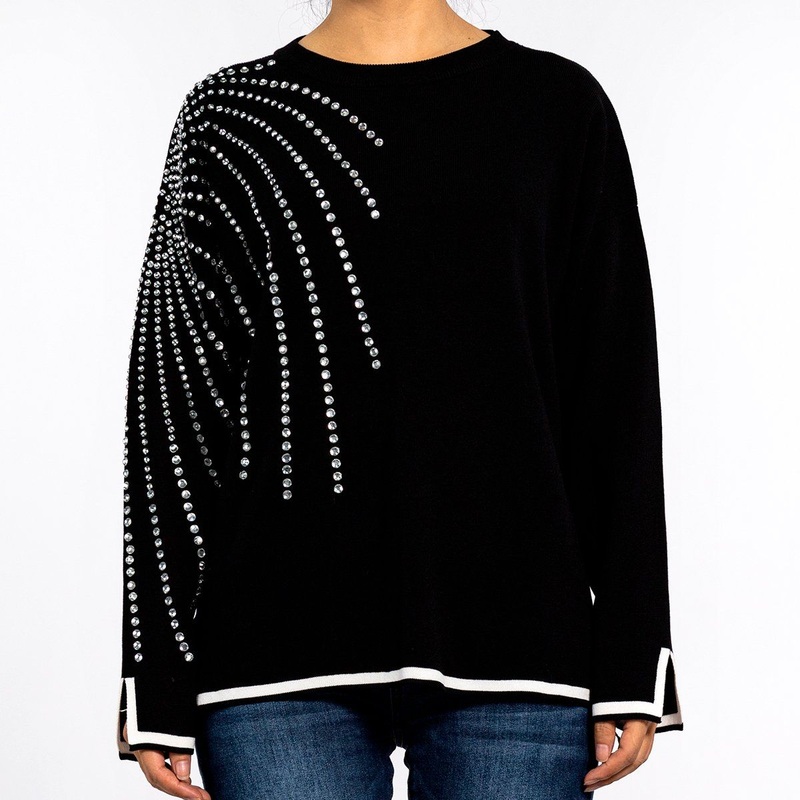 Spring Ironing Drill Collision Color Hem Open Long Sleeve Pullover Black Ladies Sweater – Women Sweater and Black Sweater price