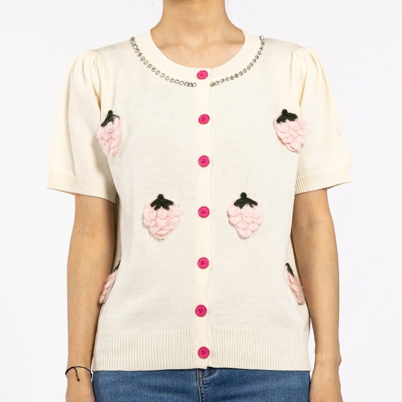 Strawberry Hand-Stitched Rhinestone Short Sleeve Knit Summer Cardigan for Women – Designer Cardigan and Girls Cardigan price