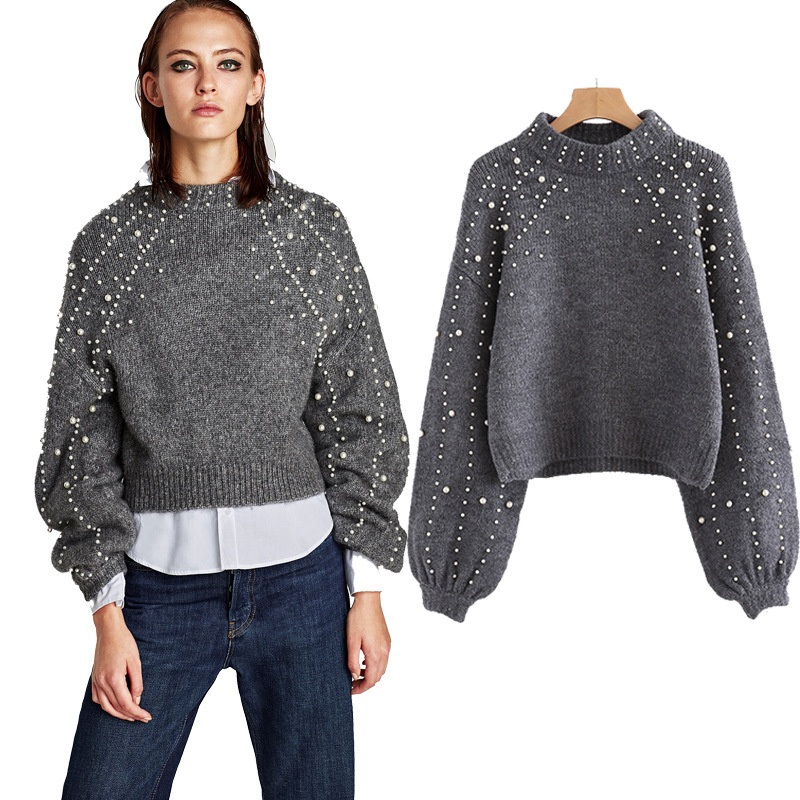 Winter Casual Lantern Sleeve Bead Short O-Neck Women Pullover Sweater – Autumn Winter Sweater and Casual Knit Sweater price