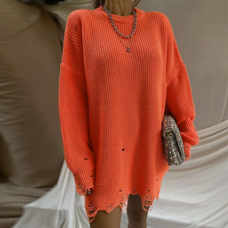 Women Soild Long Sleeve Loose Holey Long Knit Pullover Sweater – Wholesale Sweater Women and Pullovers Lady Sweater Knitted price