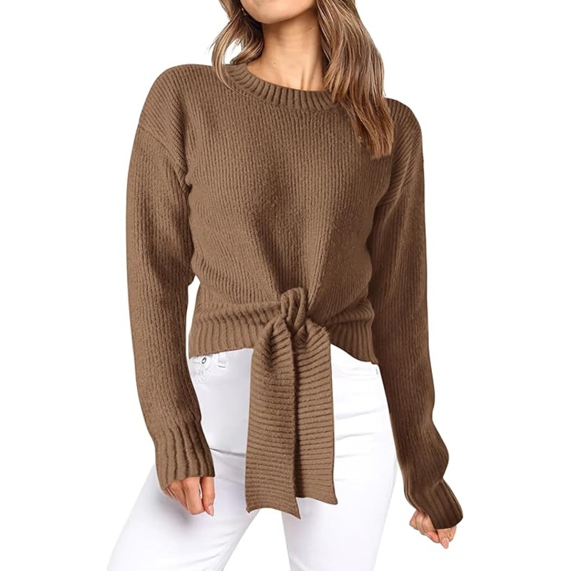 Women Tie Front Crew Neck Sweaters Casual Knit Pullover – Womens Long Sleeve Cropped Sweaters and Womens Soft Knit Sweater price