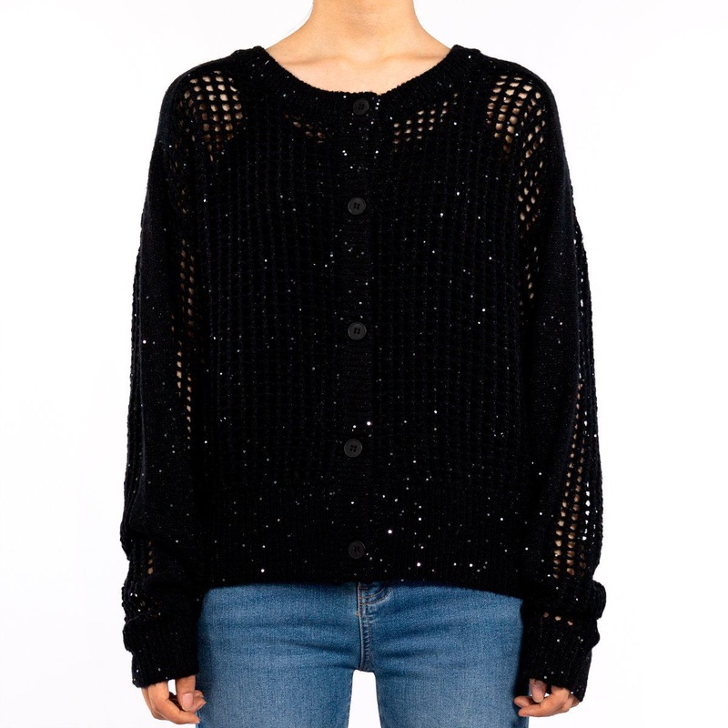 Womens Design Mesh Hollow Sequins Round Neck Long Sleeve Black Sweater Cardigan – Cable Knit Sweater and Cardigan for Women price