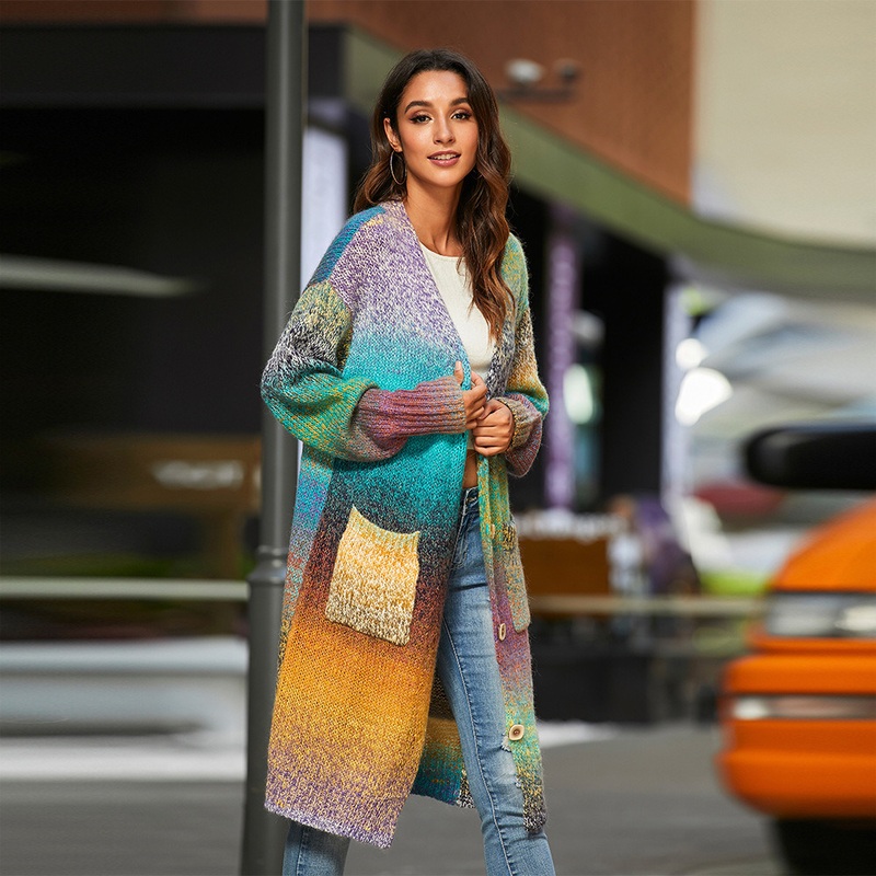 Autumn Winter Women Long Knit Rainbow Print Loose Sweater Cardigan – Cardigan Sweater Coat and Long Cardigan Women price