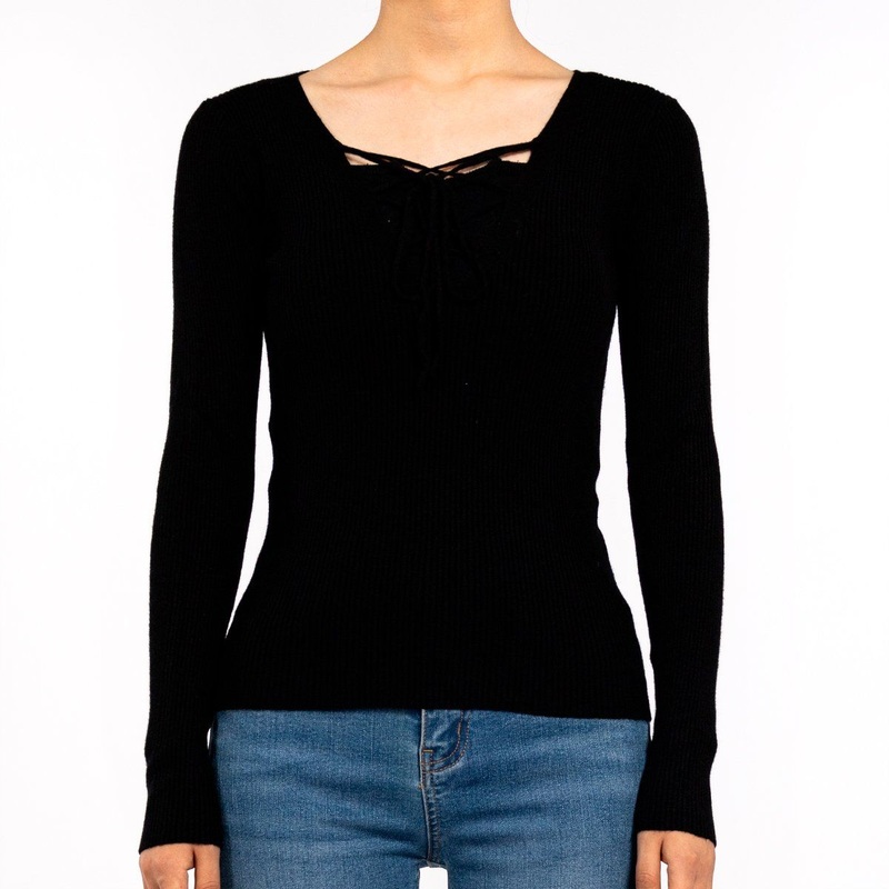 Black Slim Knitwear Casual Tie Ribbed Sweater for Women – Knit Sweater and Knit Top price