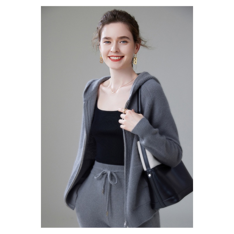 Cashmere Loose Hooded Thick Business Casual Zipper Knit Sweater for Lady – Everyday Clothing and Womens Garments price