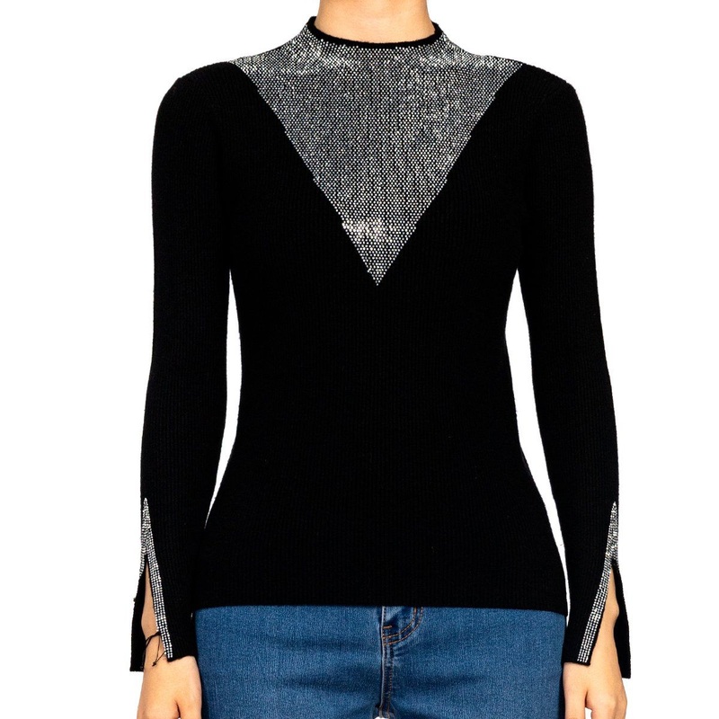 Casual Heavy Diamante Cuff Split Black Knit Slim Fall Sweater for Women – Knitted Shirts and Women Shirt price