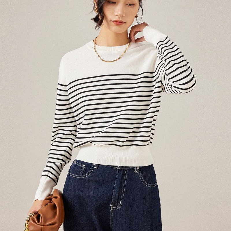Custom Ladies Long Sleeve Breathable Anti-Shrink Women New Design Striped Pullover Sweater – Women New Design Striped Pullover Sweater and Women Sweater price
