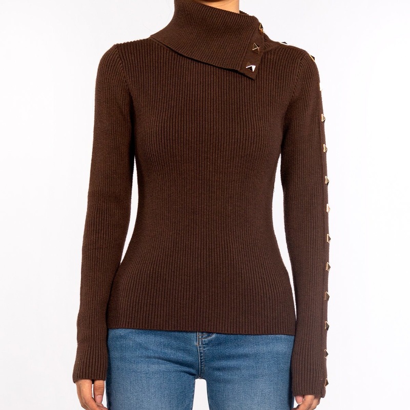 Design Knit Top Ribbed Brown Slim Turtleneck Sweater for Women – Autumn Sweater and Sweaters Women Tops price