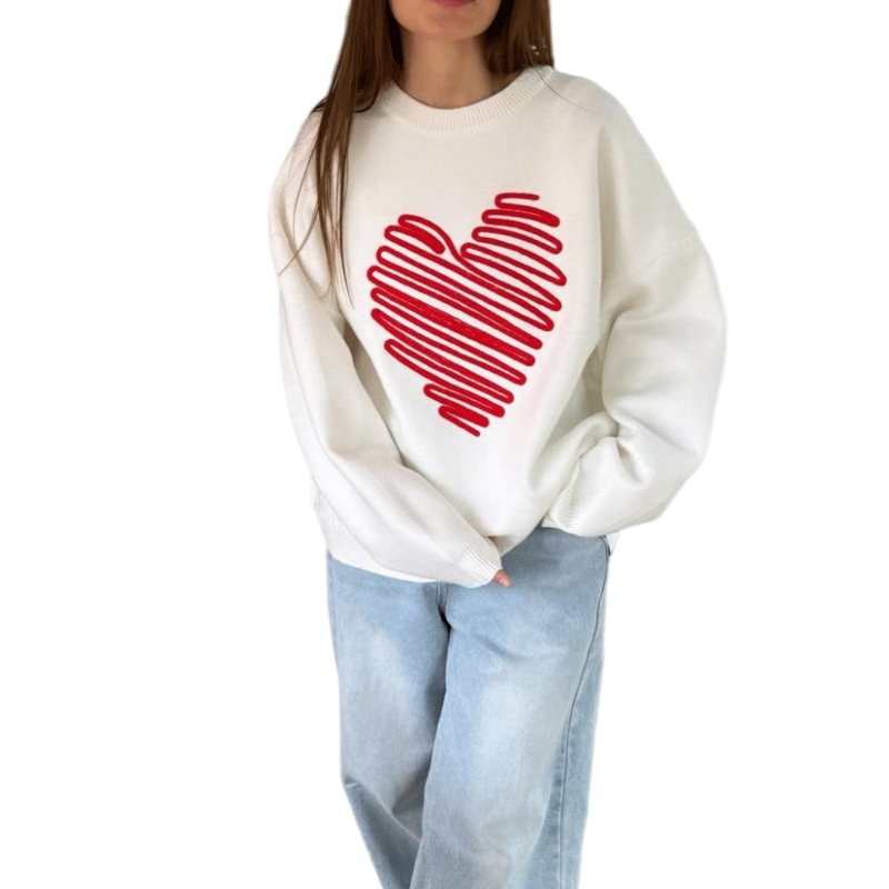 Fashion White Knit Pullover Sweater with Heart Embroidery for Women – Women Clothes and Women Pullover Sweater price