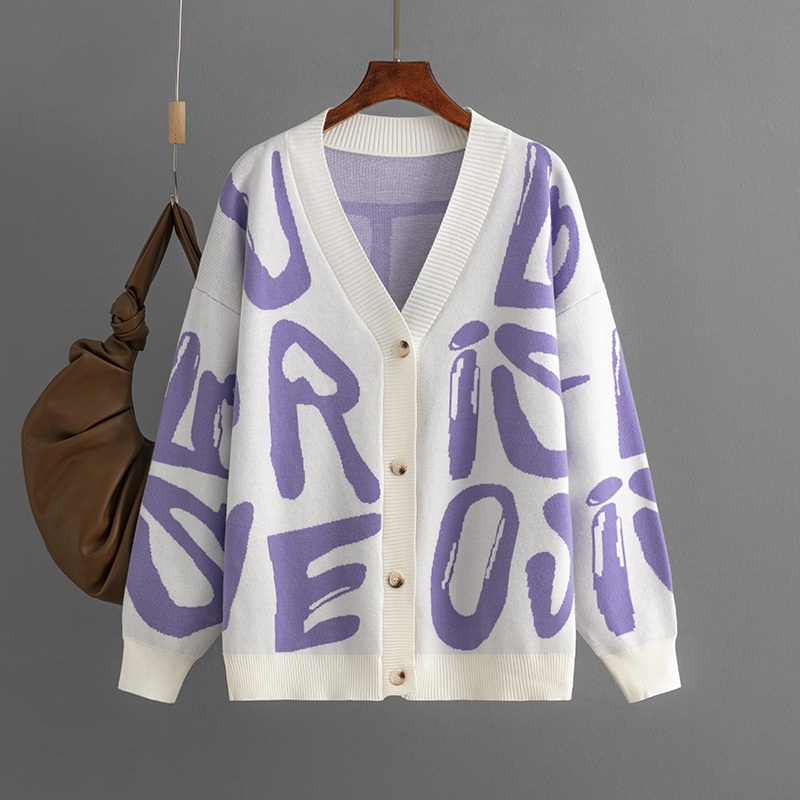 Letter Jacquard Single Breasted Casual Long Sleeve Knitted Cardigan Sweater for Female – Autumn and Winter Apparel and Niche Design Clothes price