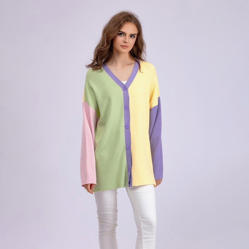 Long Sleeve Loose Casual Womens Patchwork Candy Color Knitted Cardigan Sweater – Autumn and Winter Apparel and Niche Design Clothes price