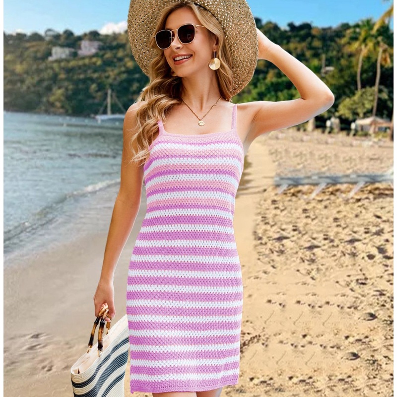 New Sexy Knitted Suspender Skirt Striped Color Block Beach Dress for Women – Lady Wear and Fashion price