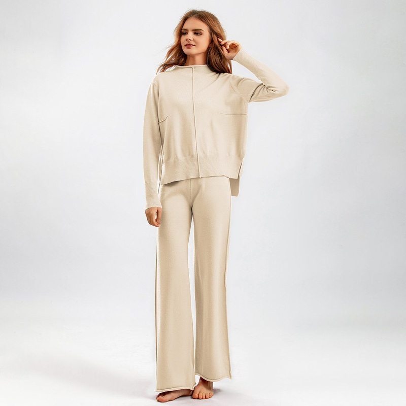 Solid Color Knitted Two Piece Set Womens Loose Casual Soft Round Collar Sweater – Color Contrast Element and Daily Clothes price