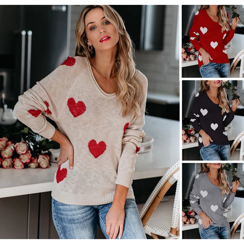 Spring Autumn V-Neck Women Heart Pattern Loose Knit Pullover Sweater – Ladies Sweater and Women Sweater Knitwear price