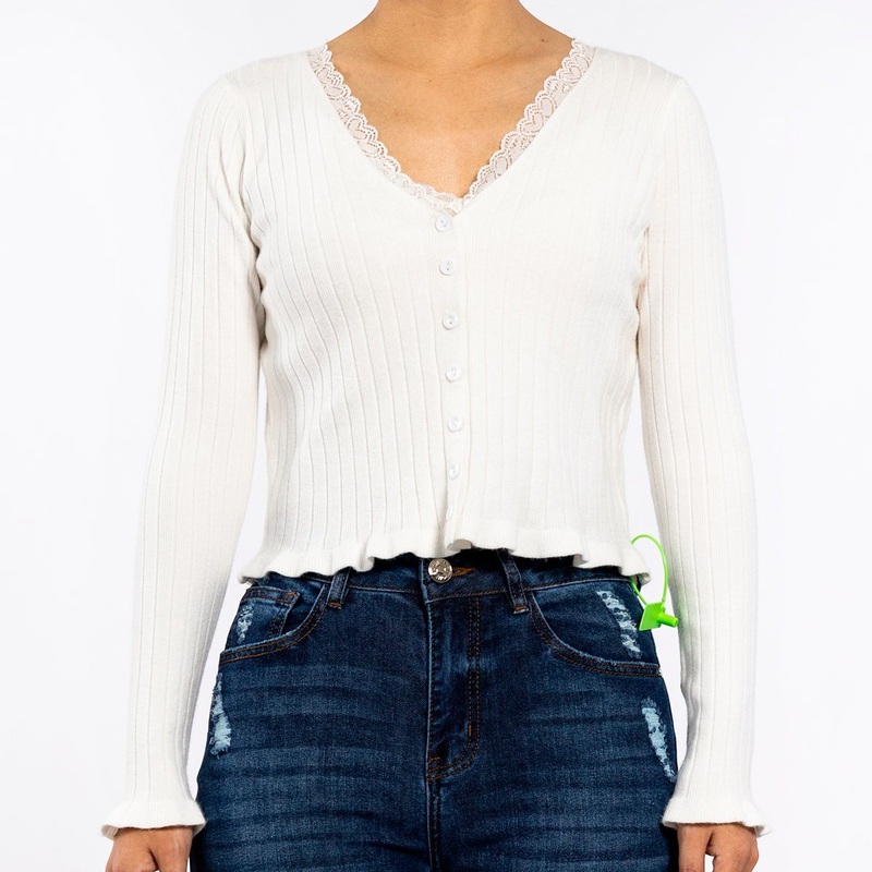 Spring Summer Knitted V-Neck Lace Ruffle Long Sleeve White Sweater for Women – Women Cardigan and Knitwear price