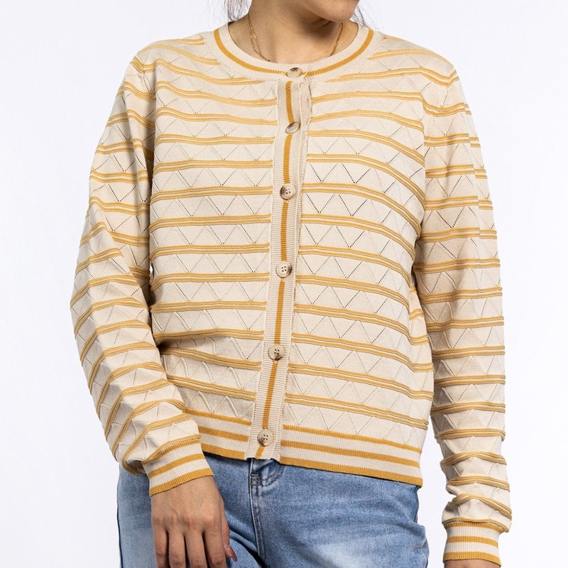 Spring Yellow Hollow Striped Long Sleeved Round Neck Knitted Cardigan Sweaters for Women – Cardigan Sweater and Knitted Sweater price