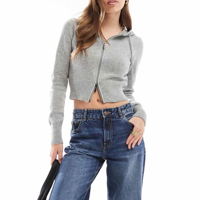 Stylish Grey Zip-up Crop Hoodie Sweater for Women – Knitted Sweater Hoodies and Women Knit Sweater Hoodie price