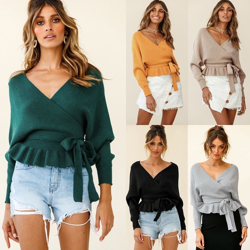 V-Neck Women Long Sleeve Short Casual Knit Top Pullover Sweater – Knit Sweater Top and Womens Casual Sweaters price
