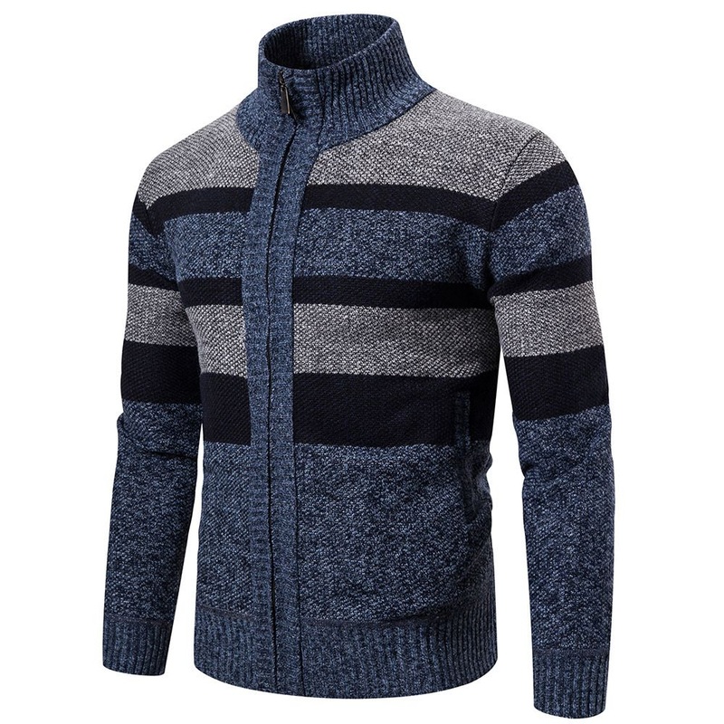 Winter Men Zipper Stand Collar Striped Knitted Cardigan Coat – Men Jacket and Men Sweater Coat price