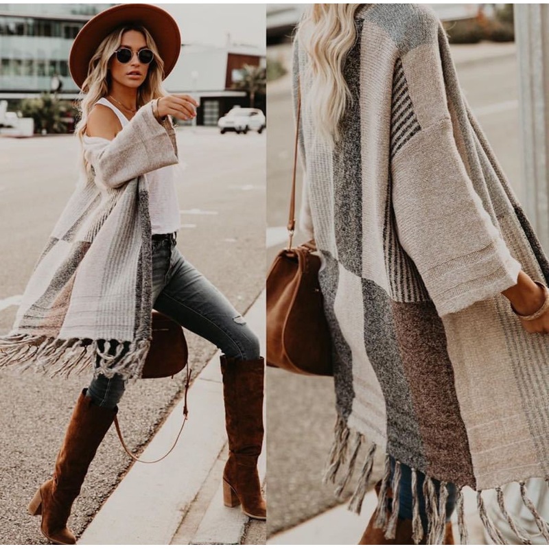 Women Long Knit Grid Print Loose Shawl Coat Sweater Cardigan – Knit Cardigan and Long Cardigan Women price