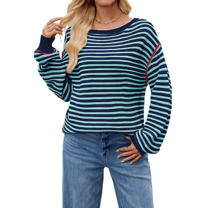 Women Striped Knitted Top Round Neck Pullover Casual Long Sleeve Sweater – Casual Long Sleeve Sweater and Pullover Sweater price