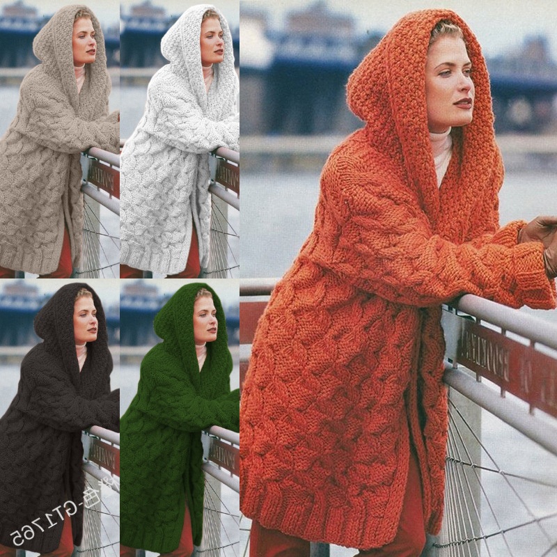 Women Winter Long Knit Hooded Thick Loose Sweater Coat Cardigan – Cardigan Sweater Coat and Winter Cardigan Women price