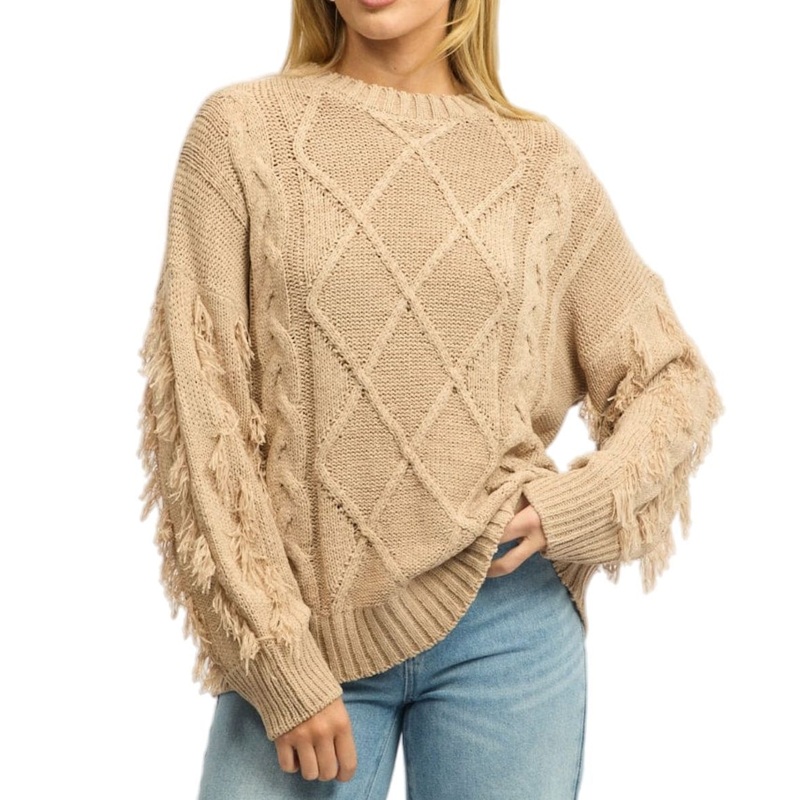 Womens Chic Khaki Pullover Sweater Featuring Tassel Sleeve Design – Women Clothes and Cable Knit Sweater price