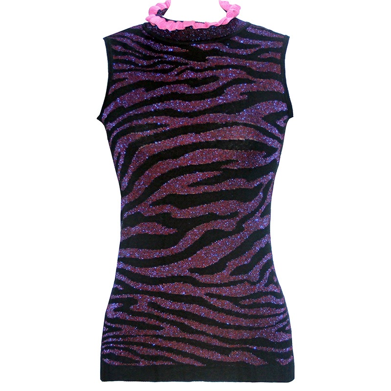 Zebra Jacquard Metallic Summer Ladies Knitted Pullover Women Knitting Sleeveless Ruffled Collar Sweater – Sweater and Ladies Sweater price