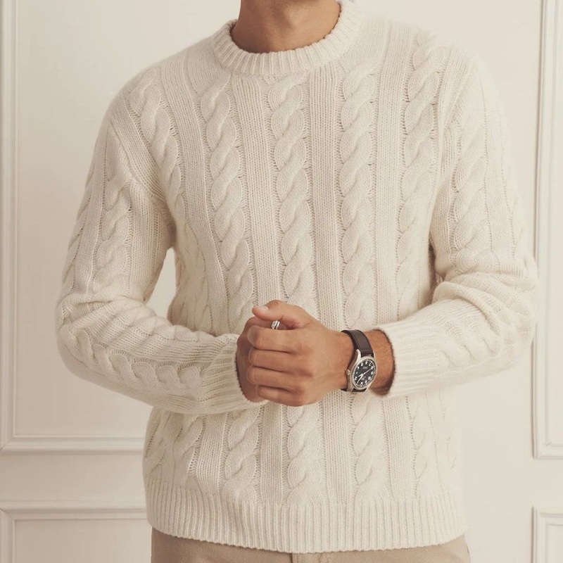 100% Cashmere Knitted Mens Fashion Luxe Cable-Rib Knit Crew-Neck White Pullover Sweater – Sweater and Cashmere price