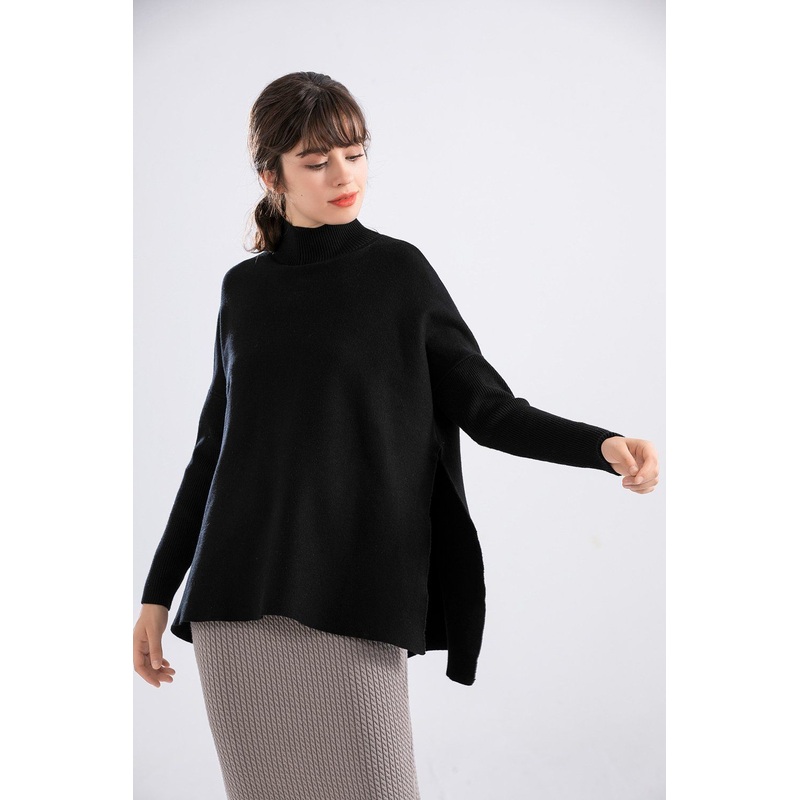2025 New Fashion Hot Sell Navy Thick Womens Turtle Neck Side Slit Long Loose Outer Wear Jumper Sweater – Yarn Dye Sweater and Pullover Sweater price