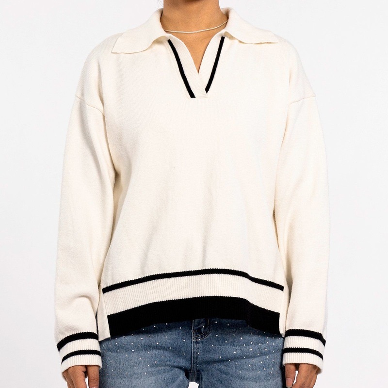 Autumn Clashing Color V-Neck Polo Collar Slim Long Sleeve Pullover White Sweater for Women – Ladies Sweaters and Womens Sweaters price