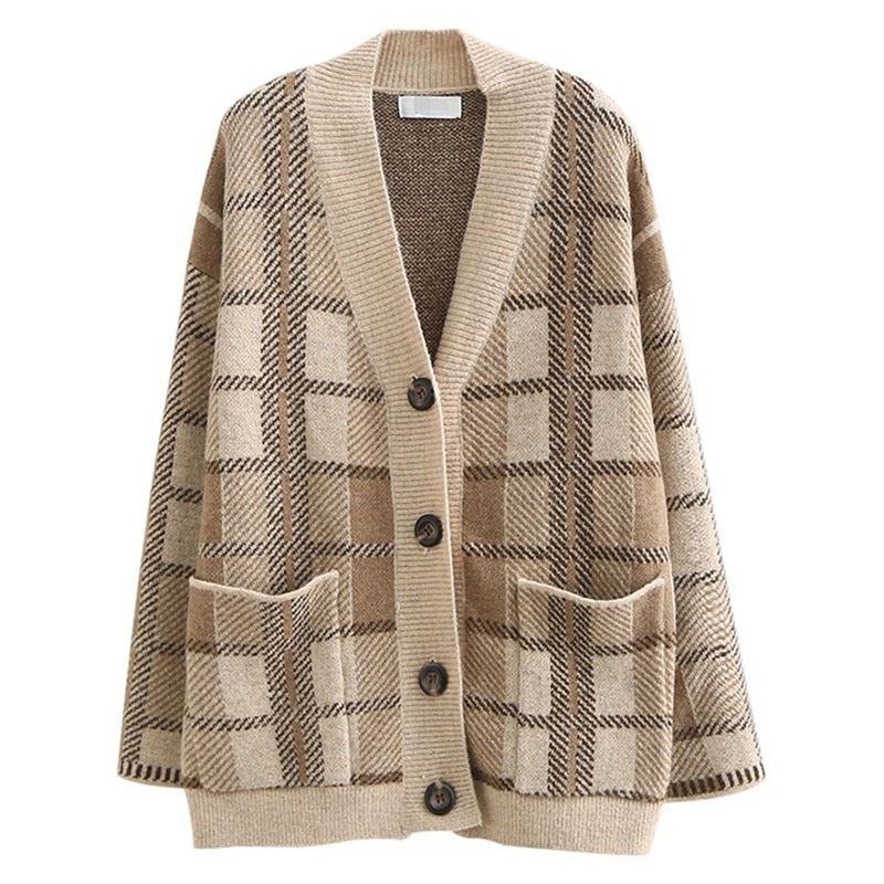 Camel Twill Plaid Spring Ladies Knitted Cardigan Women Knitting Long Sleeve Sweater – Sweater and Ladies Sweater price