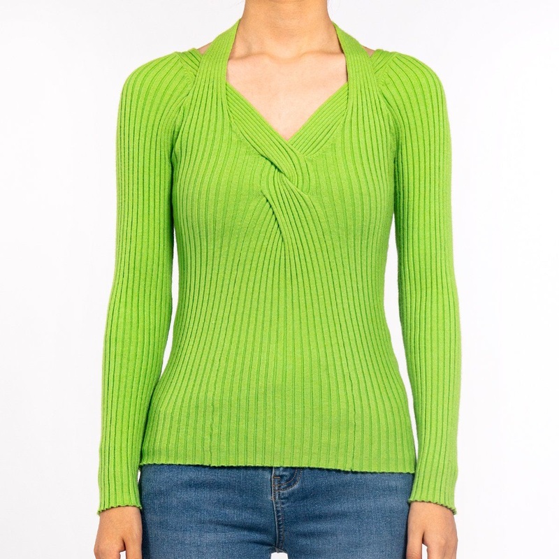 Casual Hanging Neck Skinny Long Sleeve V-Neck Ribbed Pullover Women Light Green Sweater – Womens Casual Sweaters and Fashion Clothes price