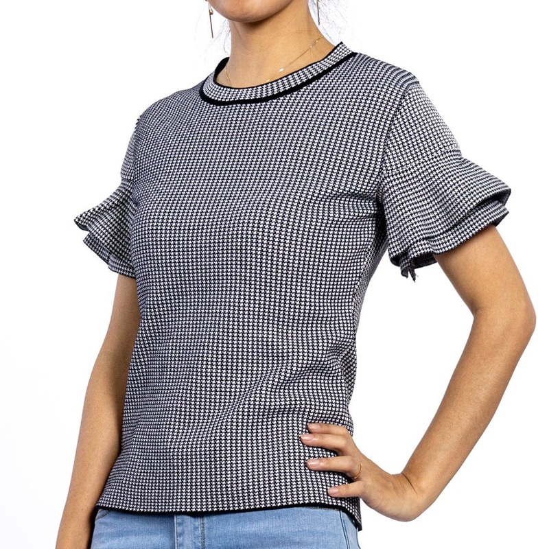 Custom Round Neck Casual Floral Lace Hem Short Sleeve Grid Women Shirts – Women Top and Women Shirts price