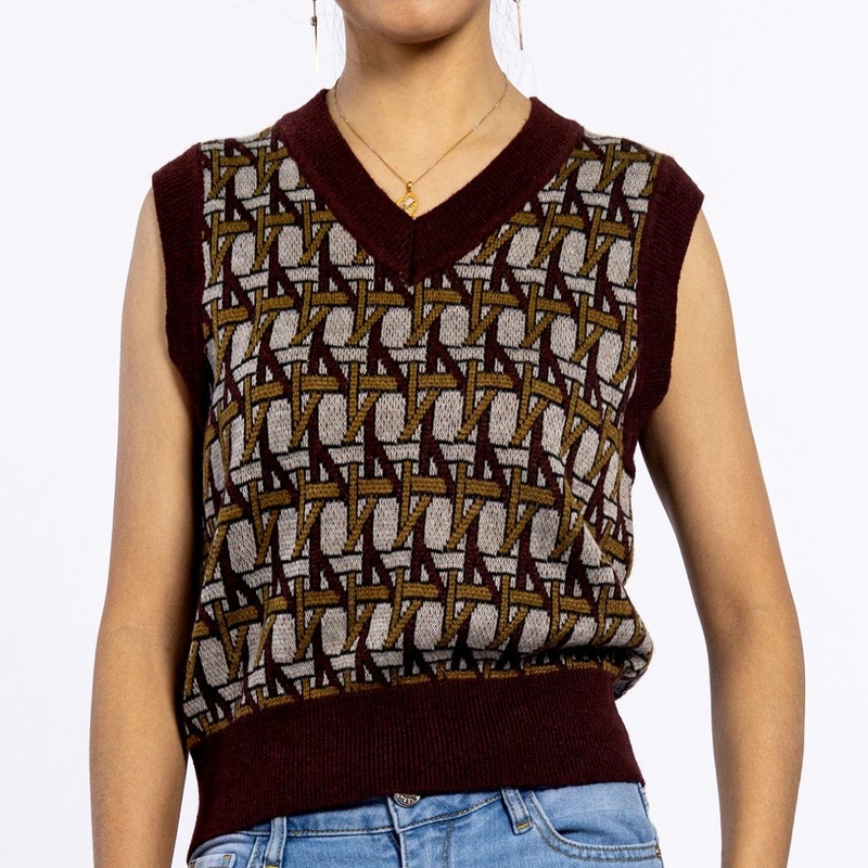 Custom V-Neck Ribbed Hem Contrast Color Knitted Female Shirts Sleeveless Women Sweater Top – Women Top and Women Vest price