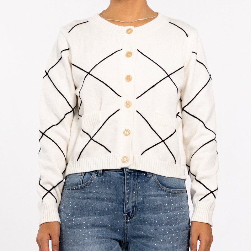 Design Plaid Knit Short Jacket Long Sleeve Casual Cardigan Sweater for Women – Women Sweater and Ladies Cardigan price