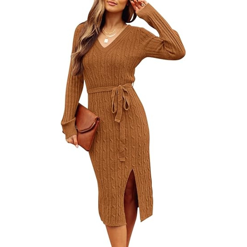 Long Sleeve Bodycon Sweater Dress Cable Knit Slit MIDI Dresses with Belt – MIDI Dresses with Belt and Bodycon Sweater Dress price