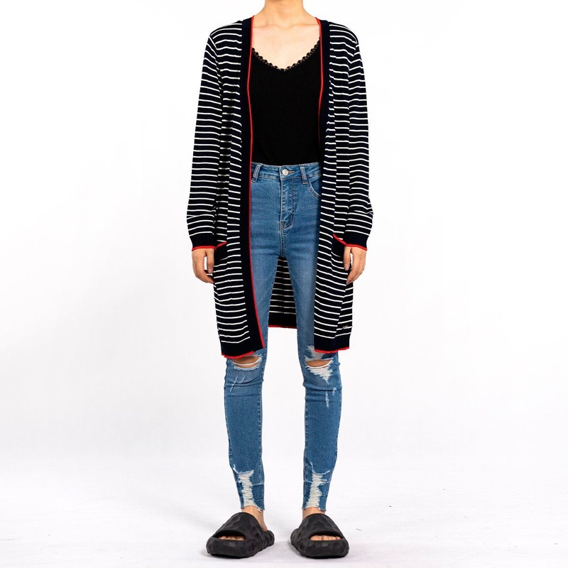 Navy Long Clashing Casual Chilled Silk Knitwear Striped Sweater Cardigan for Women – Cotton Cardigan and Knitwear price